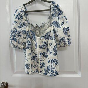 Rachel Zoe Fruity Print Puff Sleeve Linen Top w hook front closure Size Small